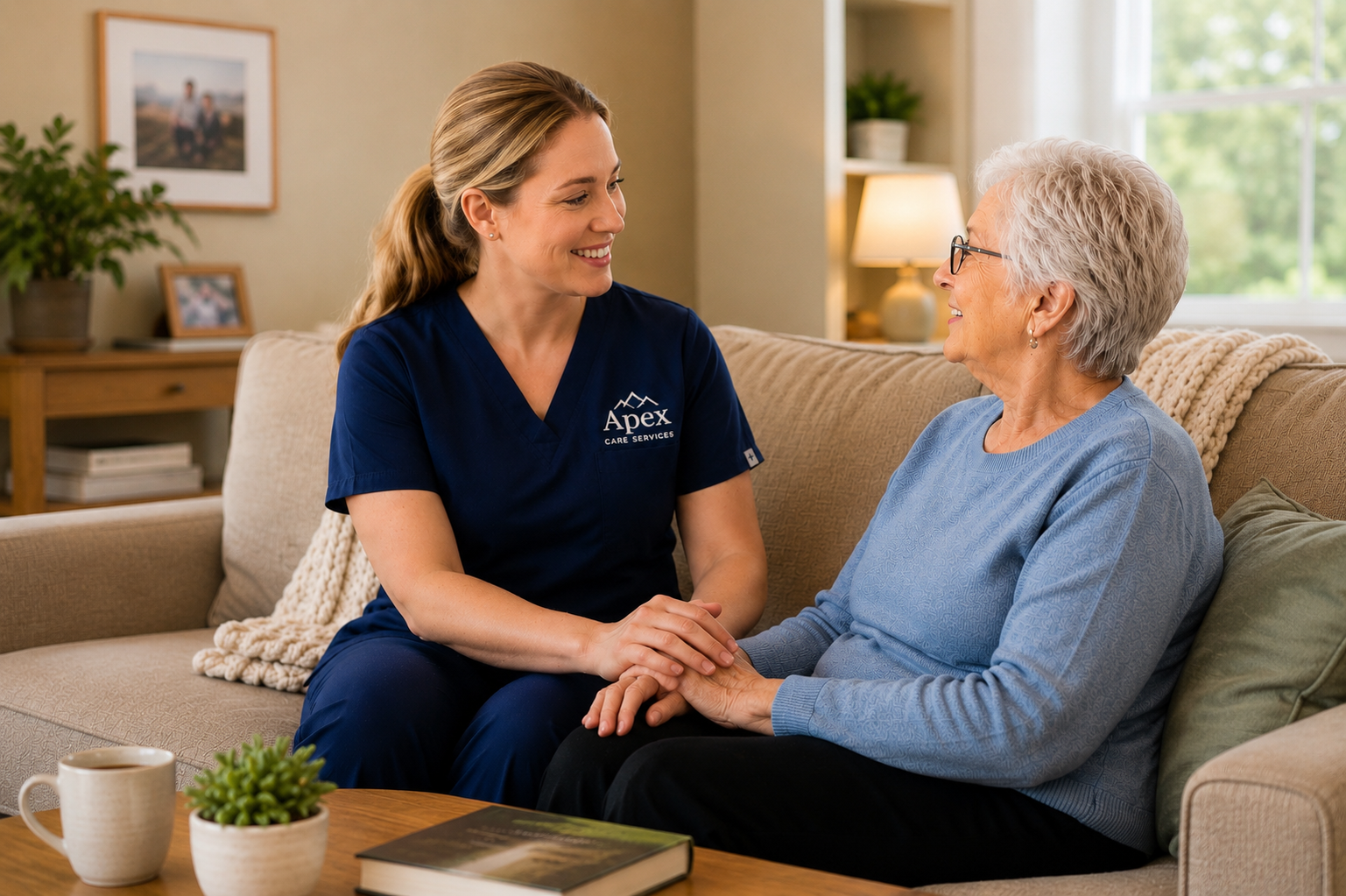 Senior smiling while looking at a familiar photo album — gentle memory care